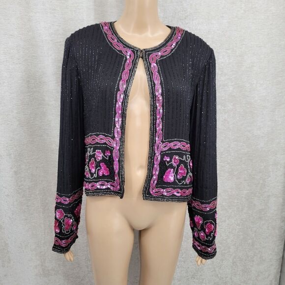 Papell Boutique Vintage Silk Fully Beaded Sequin Jacket Black Fuschia Women's XL - Picture 1 of 12